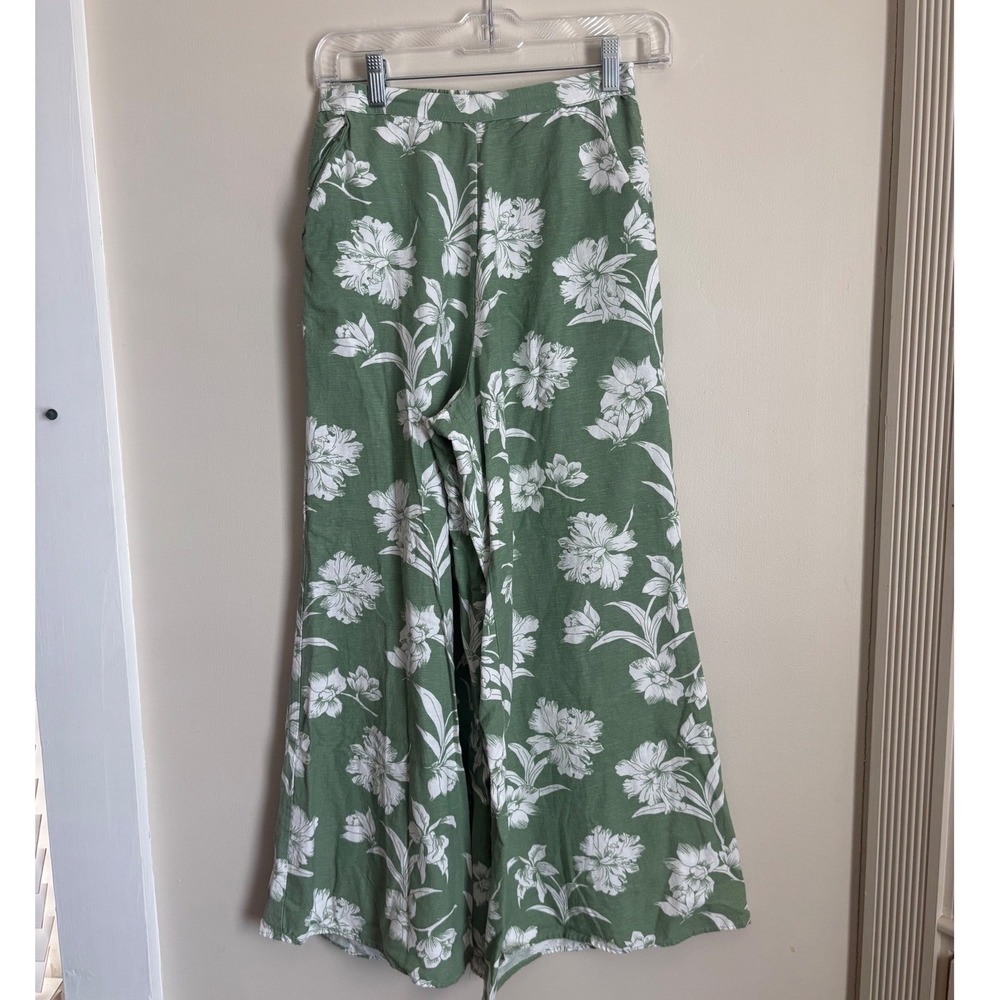 Midnight Sky Green White Floral Wide Leg Linen Blend Pants Small Slub Texture